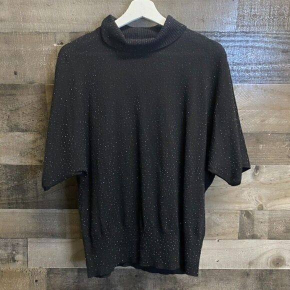 ST JOHN Black Sequin Shimmer Embellish Short Sleeve turtleneck 100% wool M - Picture 3 of 12